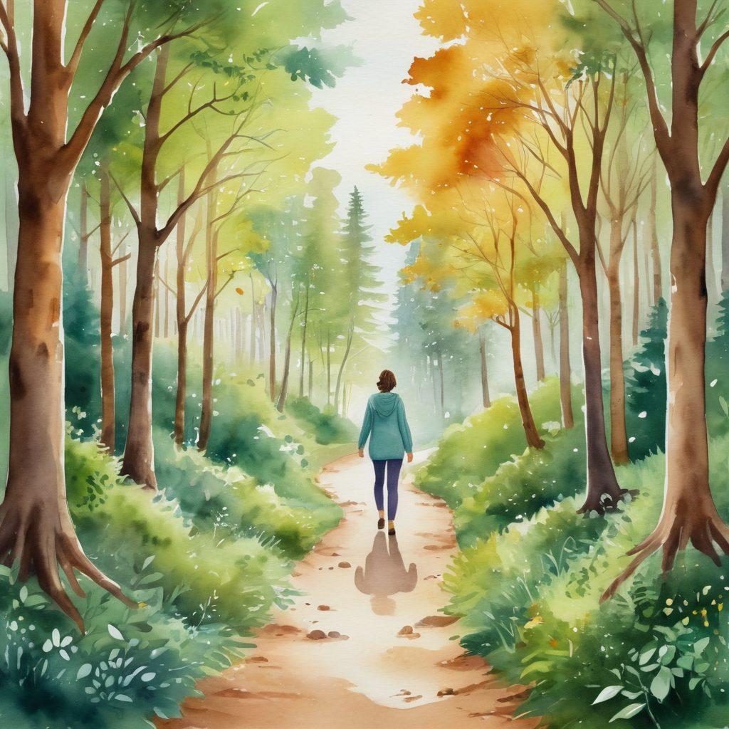 A serene path winding through a lush green forest, symbolizing a journey toward wellness, with subtle icons of various cancer treatments like pills and therapy tools along the way. In the foreground, a diverse group of people, including different ages and ethnicities, are holding hands, radiating hope and support. Soft light filtering through the trees enhances the atmosphere of empowerment and healing. watercolor painting. warm colors. tranquil ambiance.